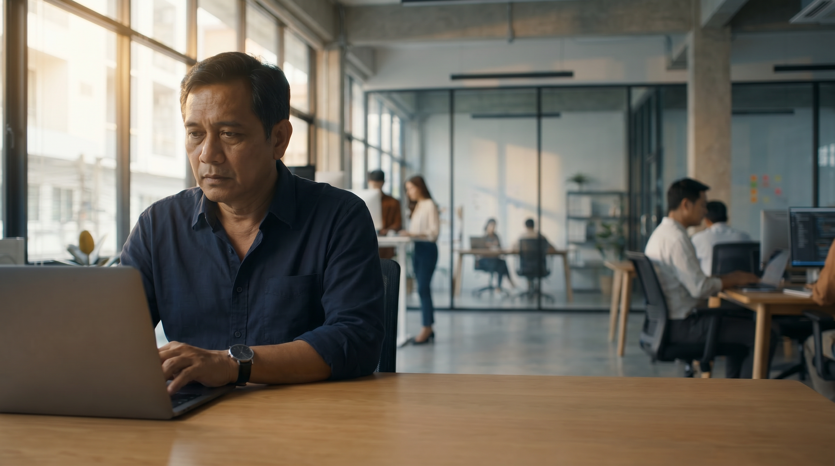 Pria bekerja di kantor sambil merencanakan keuangan