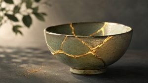 Mangkuk keramik ditambal emas, seni Kintsugi